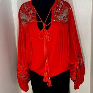 Free People Hearts Aflame Top Size Large Tassels, Sequins, Embroidery